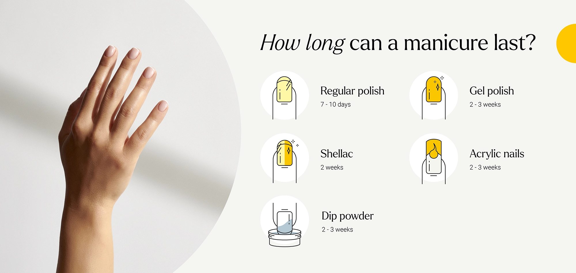 An infographic depicting the different lengths that types of manicures last ofr