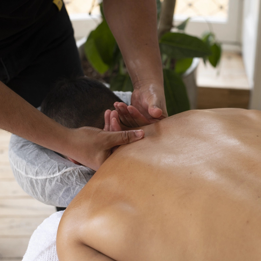 Dad enjoys massage treatment in his apartment