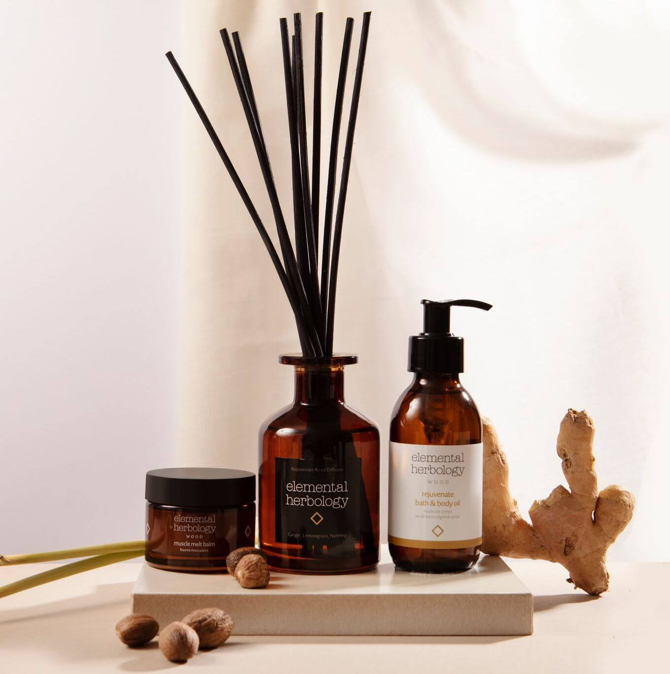 Elemental herbology products - a candle, diffuser and bath and body oil set