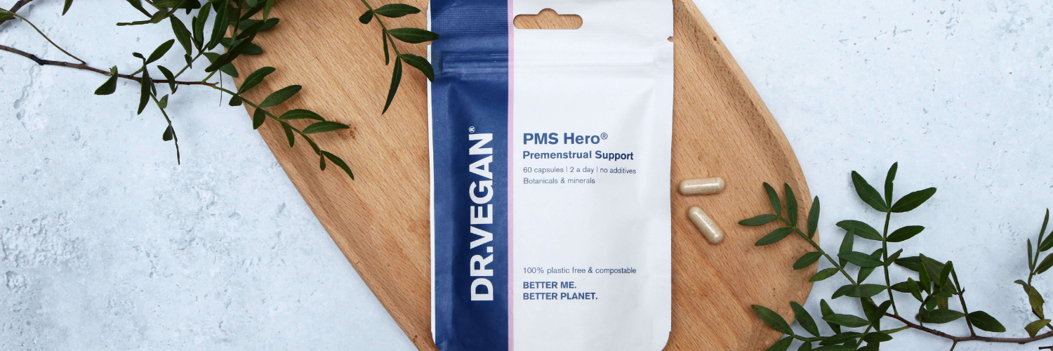 Birds eye view of Dr Vegan PMS Hero premenstrual support supplement bag