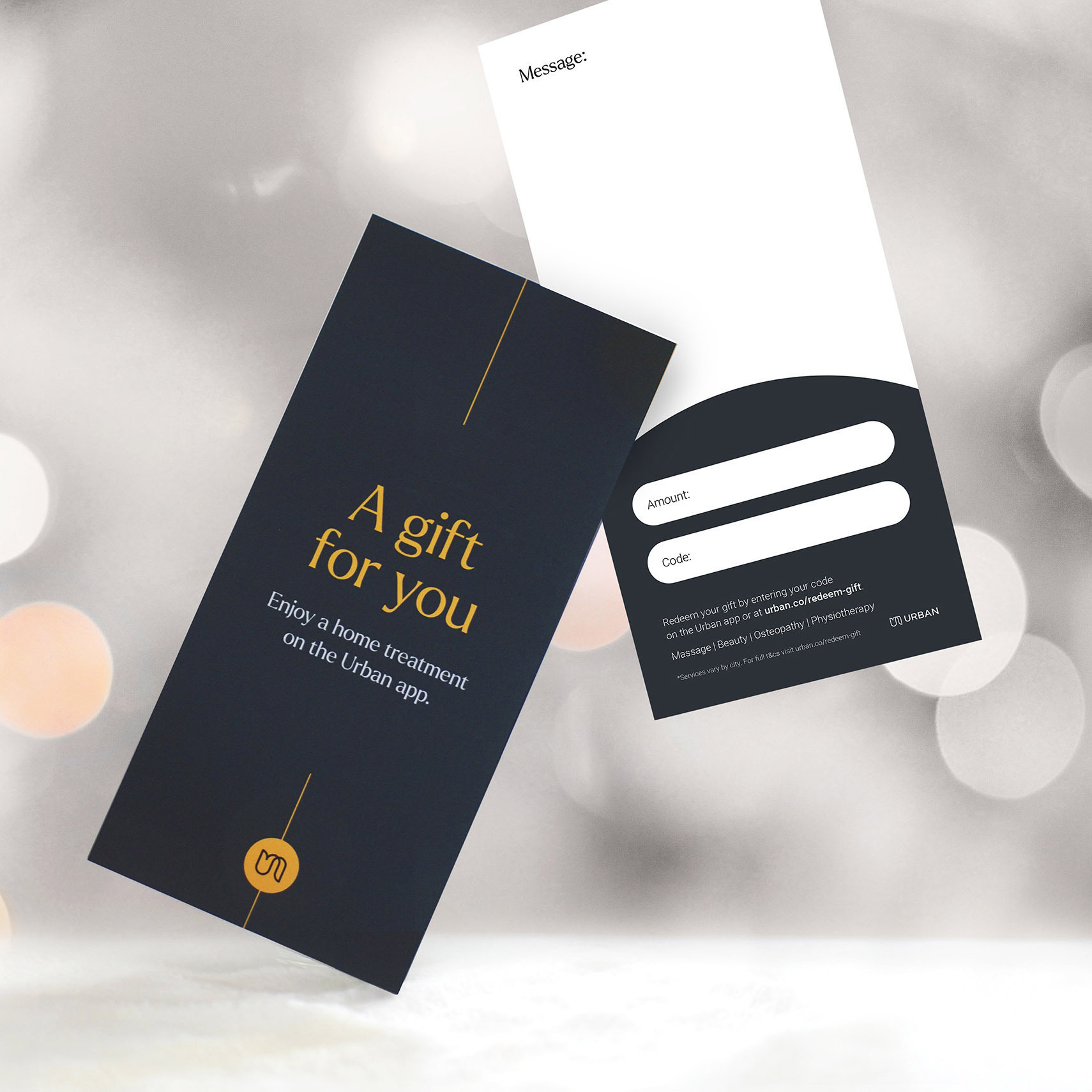 A gift card that reads A gift for you, enjoy a home treatment on the Urban app