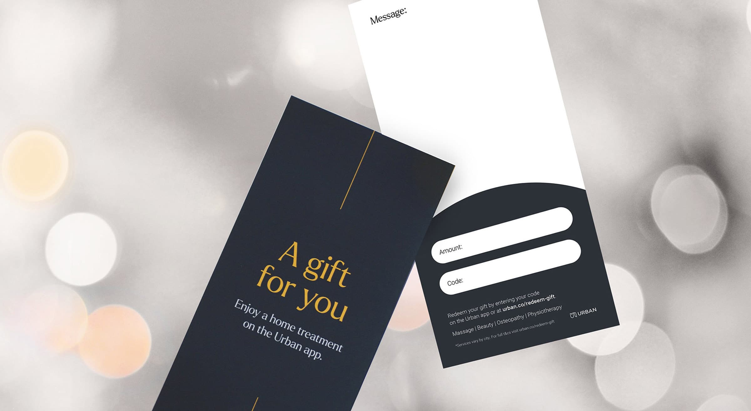 Gift card that reads "A gift for you, enjoy a home treatment on the Urban app"