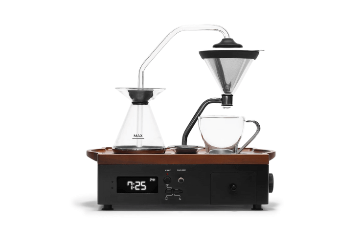 Coffee alarm clock with black base and glass mechanisms