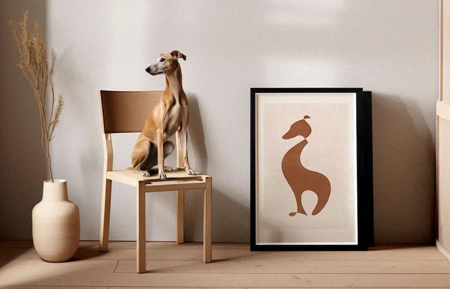 Greyhound sits next to his pet portrait 